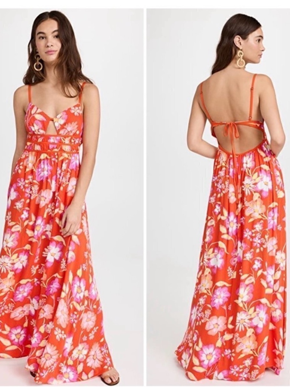 Free People Orange Floral Backless Maxi Dress S